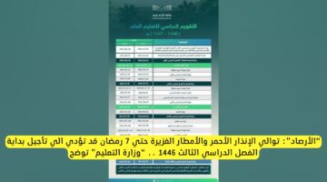 الأرصاد تحذر: أمطار غزيرة وإنذارات حمراء قد تؤخر بدء الفصل الدراسي الثالث 1446 في رمضان
